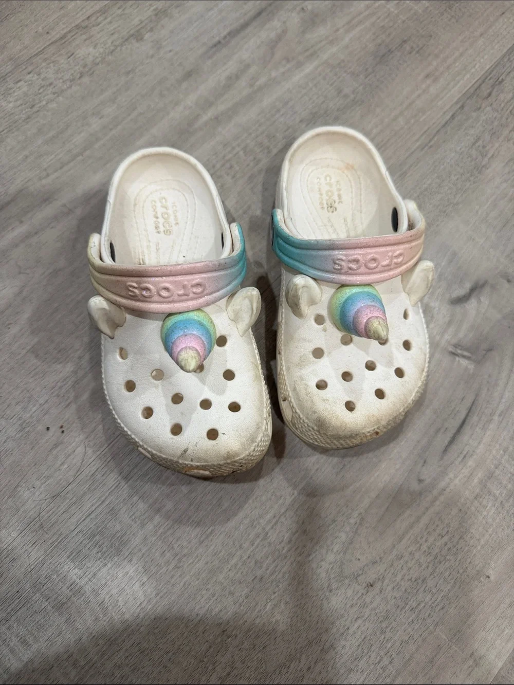 CROCS Kids White Clogs with Pastel Rainbow Unicorn Accents